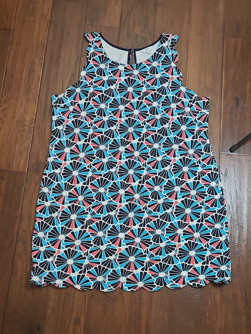 Crown & Ivy Navy, White, Teal & Coral Print Scalloped Hem Sleeveless Dress (L)